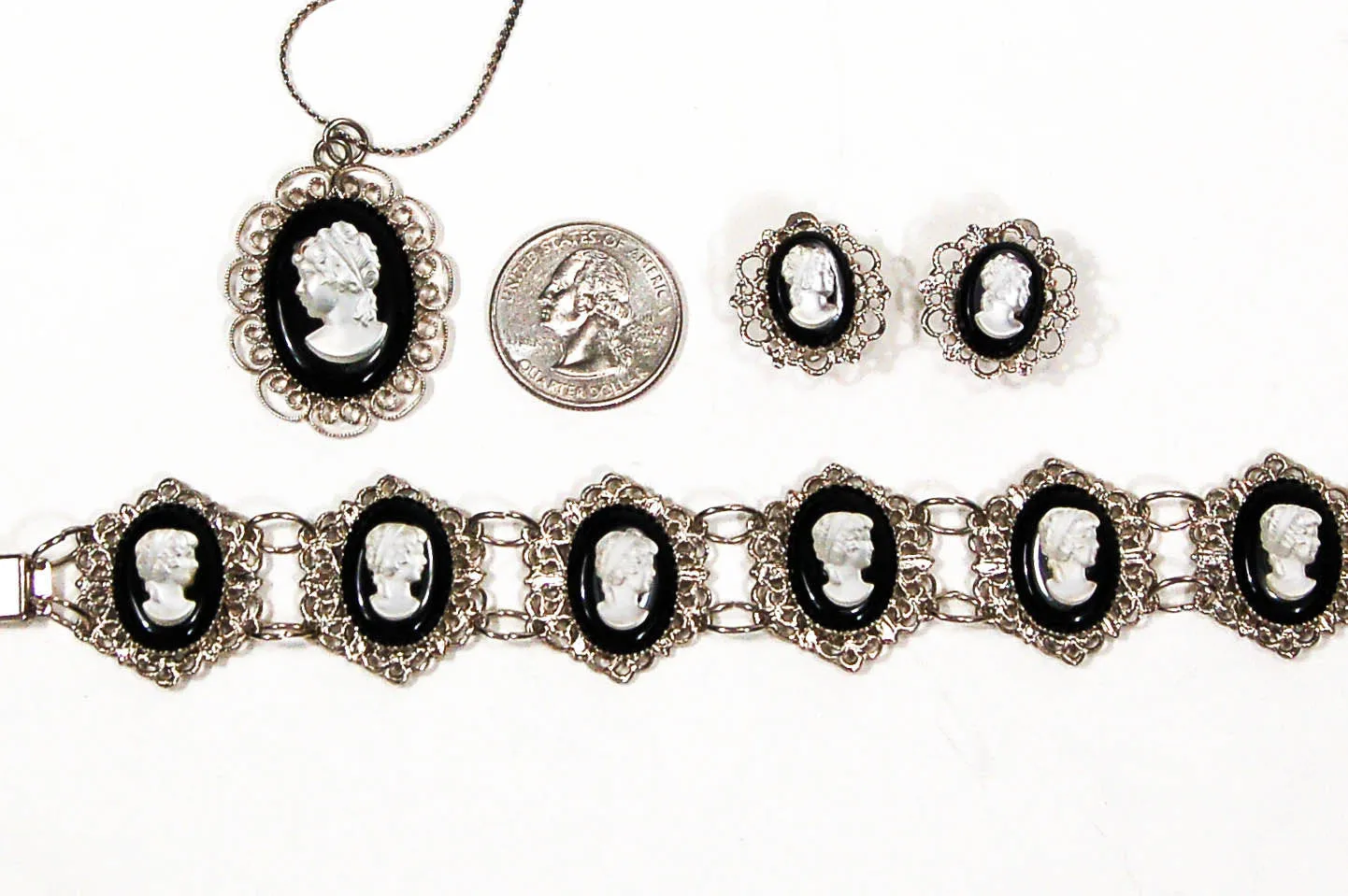 1950's Silver Tone Cameo Necklace,Bracelet, and Earrings Set
