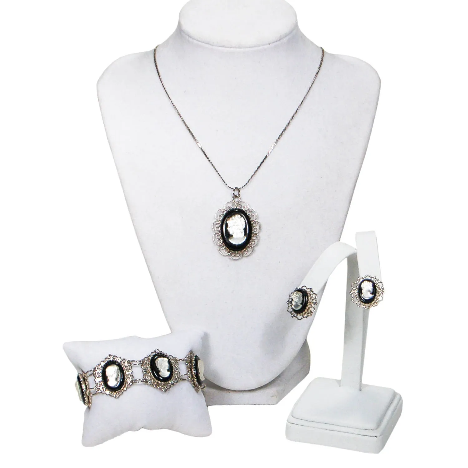 1950's Silver Tone Cameo Necklace,Bracelet, and Earrings Set
