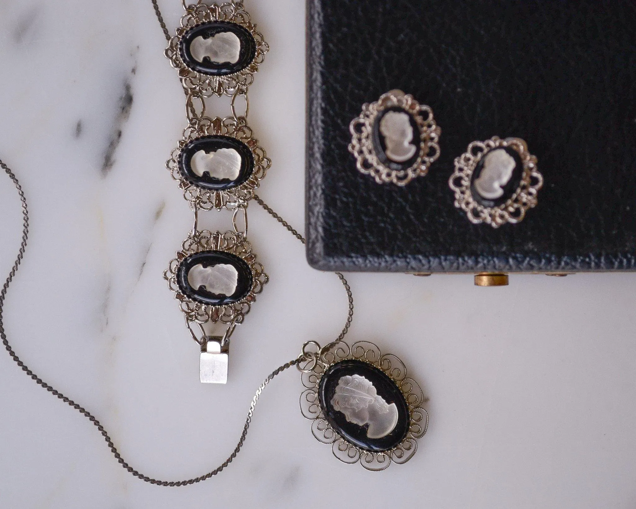 1950's Silver Tone Cameo Necklace,Bracelet, and Earrings Set