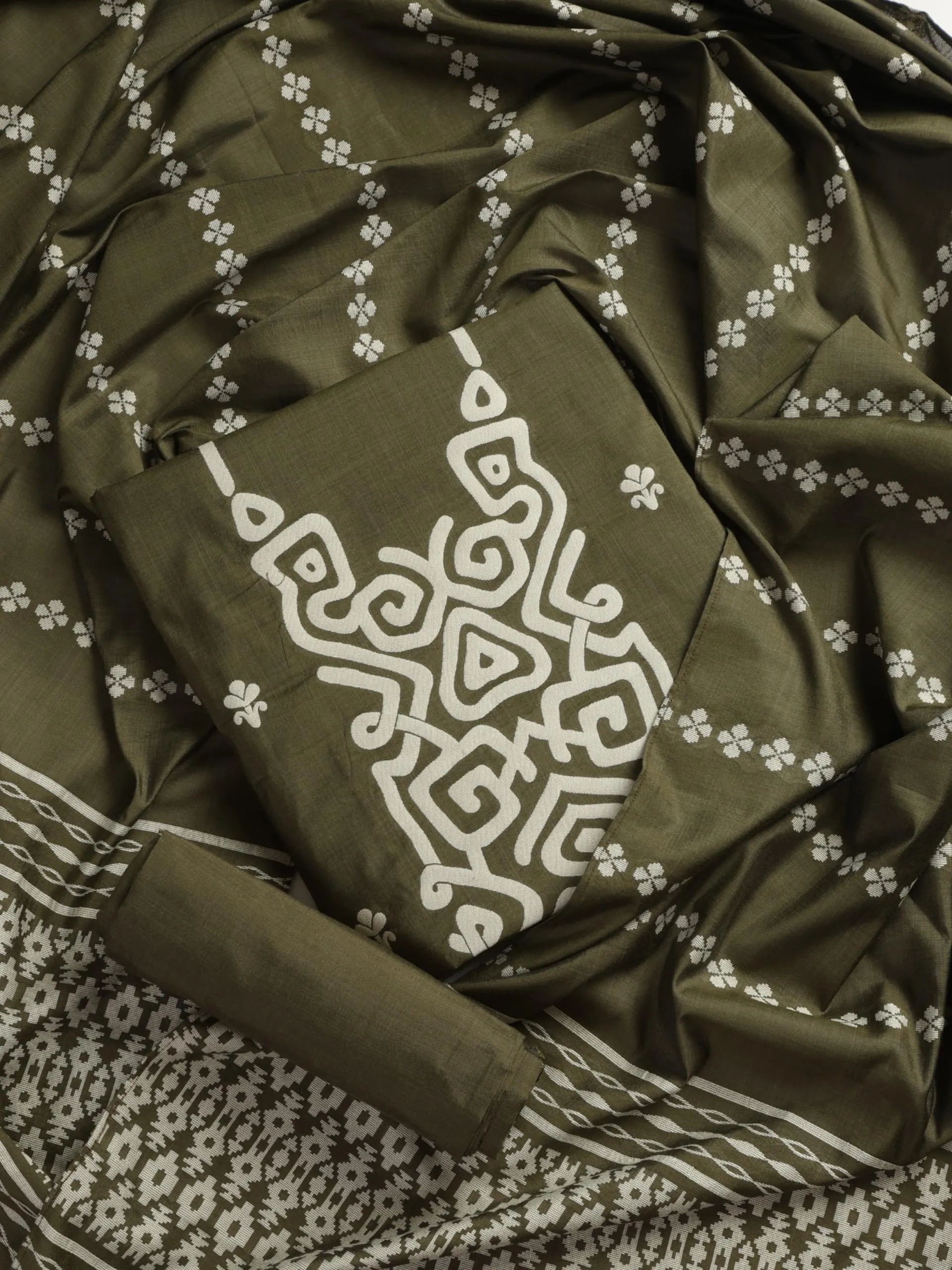3 pc Unstitched Suit SET - Olive Cotton Silk Jacquard Kurta with Heavy Dupatta and Pyjama
