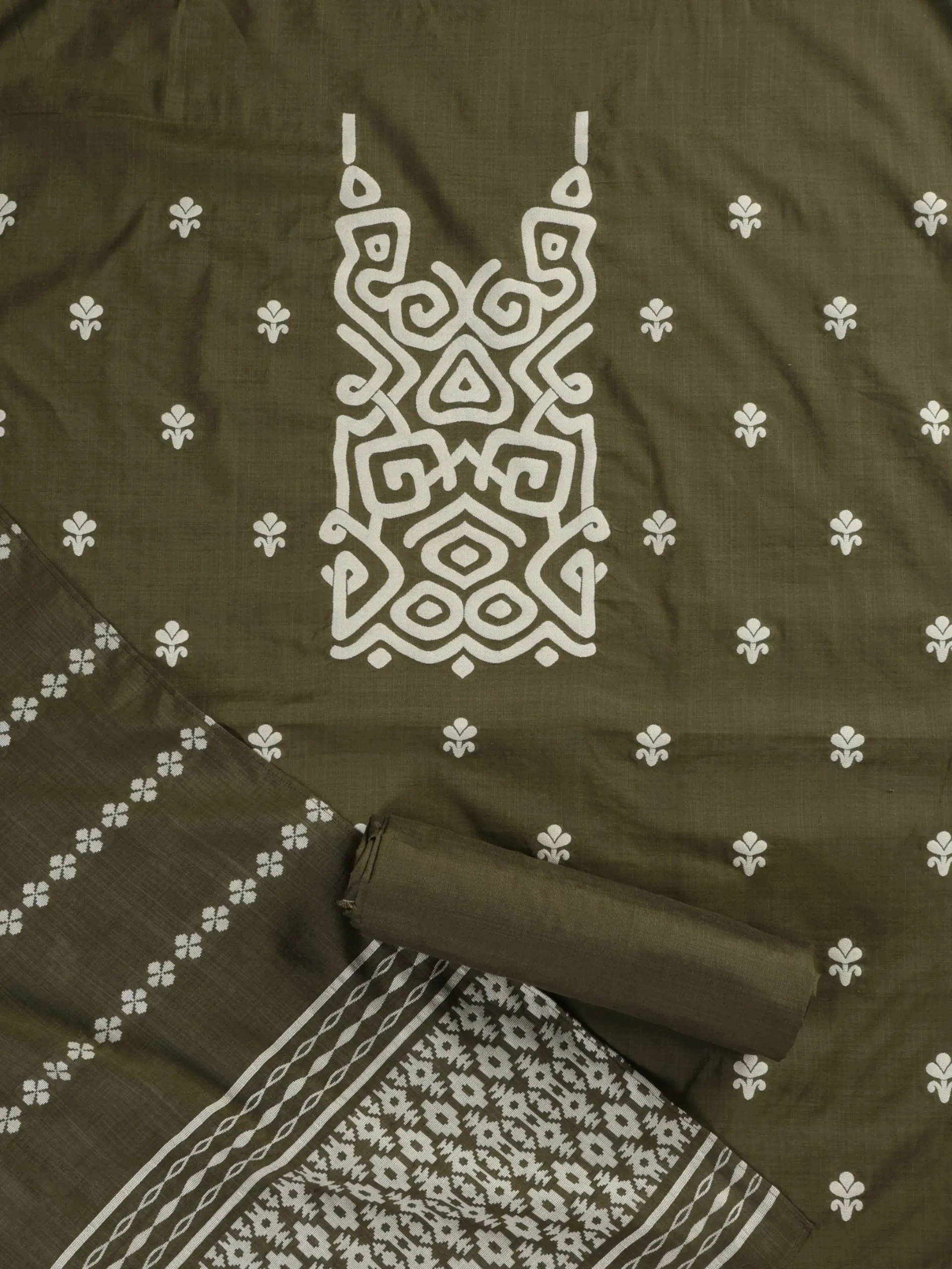 3 pc Unstitched Suit SET - Olive Cotton Silk Jacquard Kurta with Heavy Dupatta and Pyjama