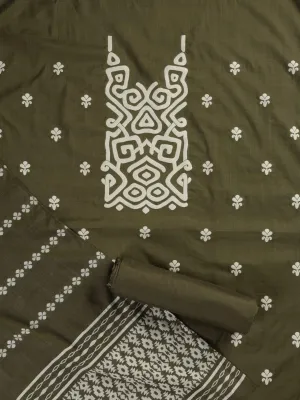 3 pc Unstitched Suit SET - Olive Cotton Silk Jacquard Kurta with Heavy Dupatta and Pyjama