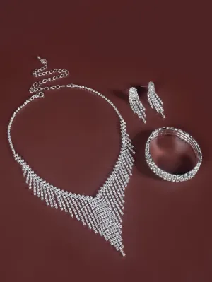 4pcs Rhinestone Decor Jewelry Set - Silver