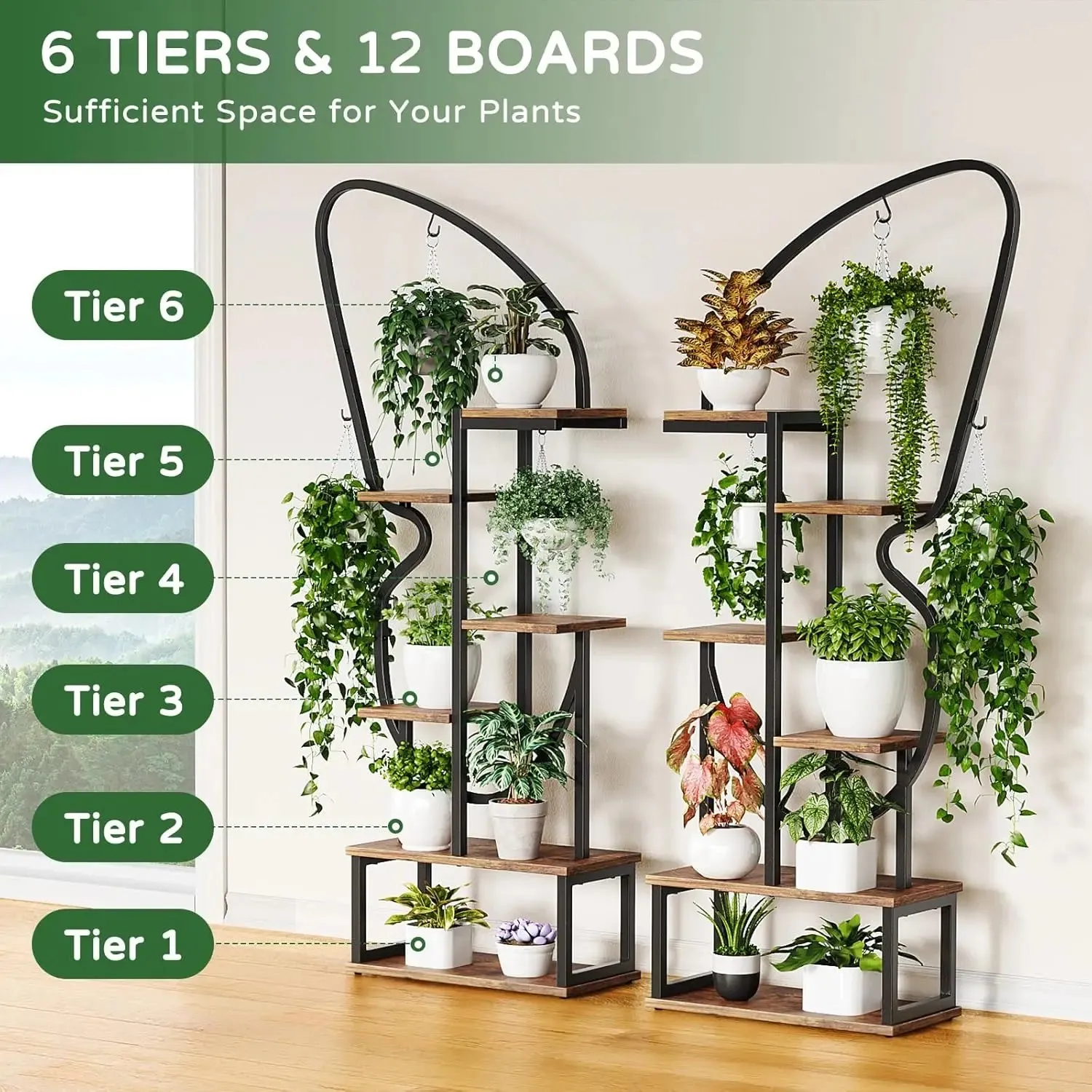 6 Tier Butterfly-Shaped Multi-layered Instrument Display Shelf with 6 Plant Hooks & 12 Boards