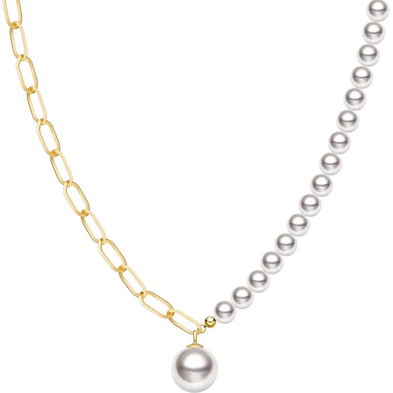 Akoya Pearl 18K Gold Pearl Pendant Half Chain Design Noble Necklace