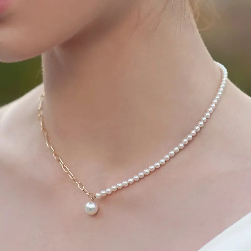 Akoya Pearl 18K Gold Pearl Pendant Half Chain Design Noble Necklace