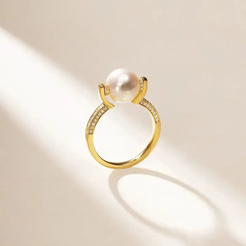 Akoya Pearl 18K Gold Single Band Design Elegant Diamonds Ring