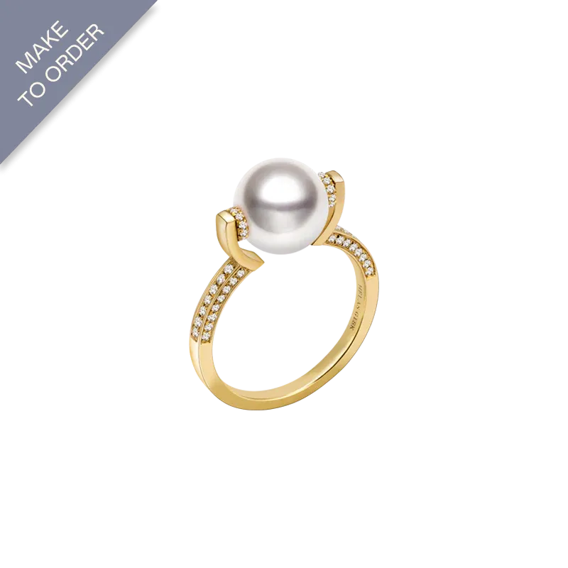 Akoya Pearl 18K Gold Single Band Design Elegant Diamonds Ring
