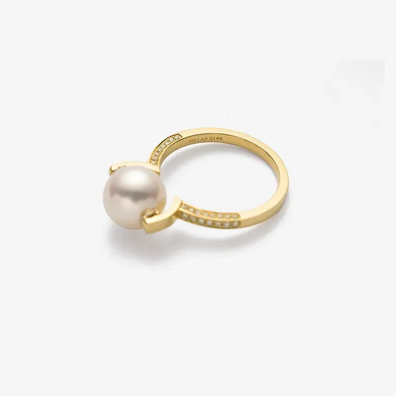 Akoya Pearl 18K Gold Single Band Design Elegant Diamonds Ring