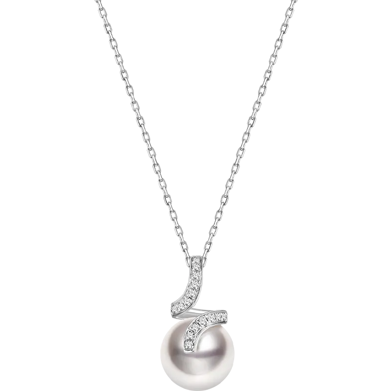 Akoya Pearl 18K White Gold Elegant Wave Diamonds Necklace