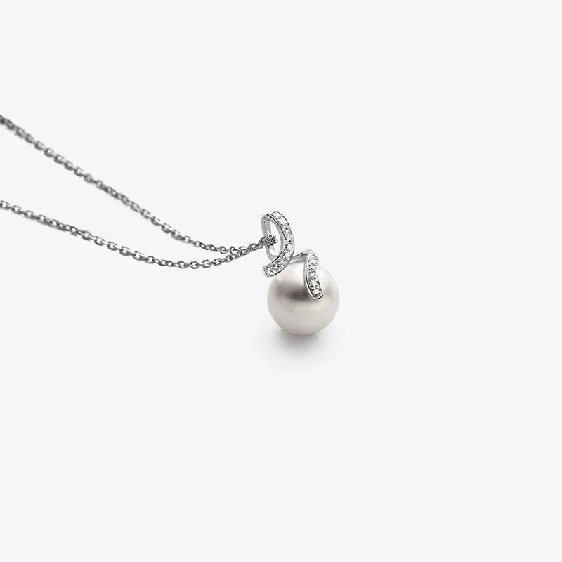 Akoya Pearl 18K White Gold Elegant Wave Diamonds Necklace