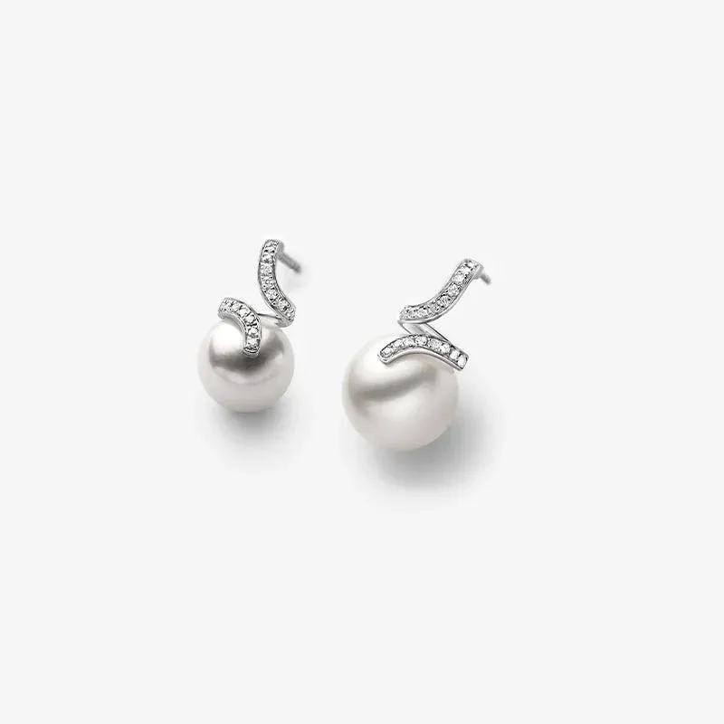 Akoya Pearl 18K White Gold Elegant Wave Stud Diamonds Earrings