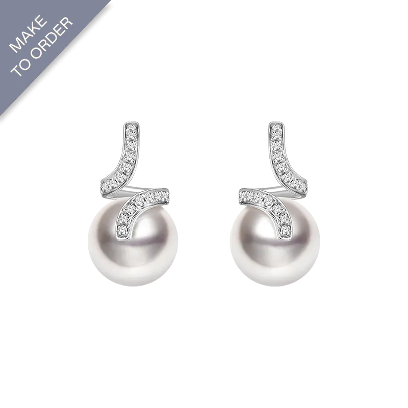 Akoya Pearl 18K White Gold Elegant Wave Stud Diamonds Earrings