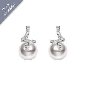Akoya Pearl 18K White Gold Elegant Wave Stud Diamonds Earrings