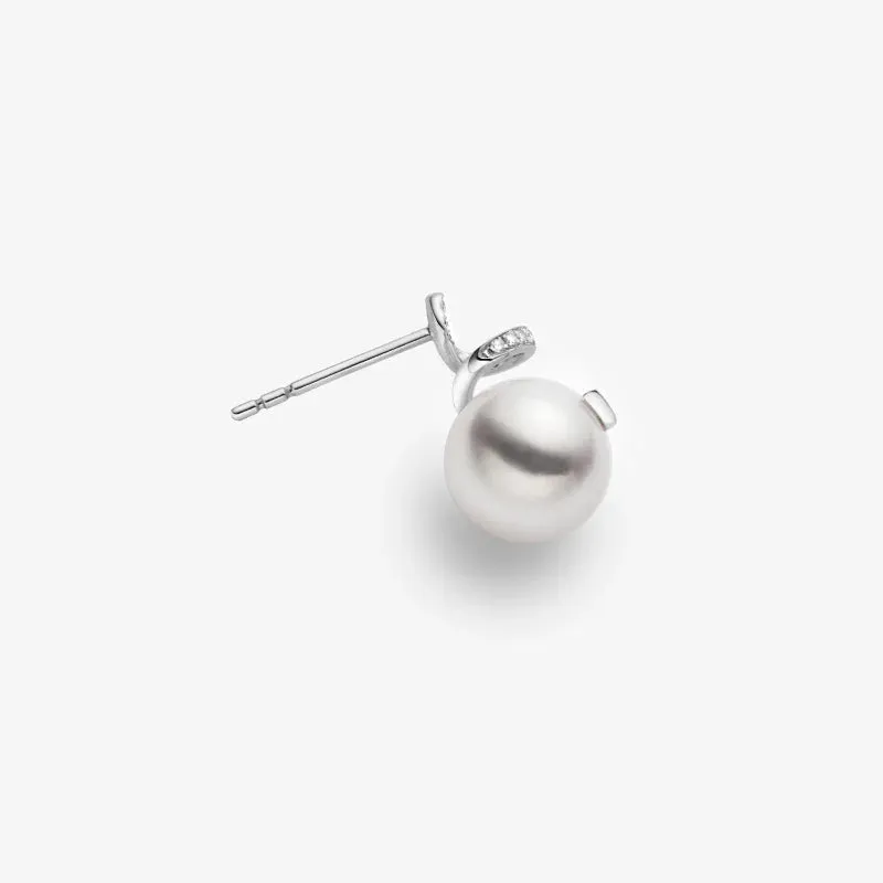 Akoya Pearl 18K White Gold Elegant Wave Stud Diamonds Earrings