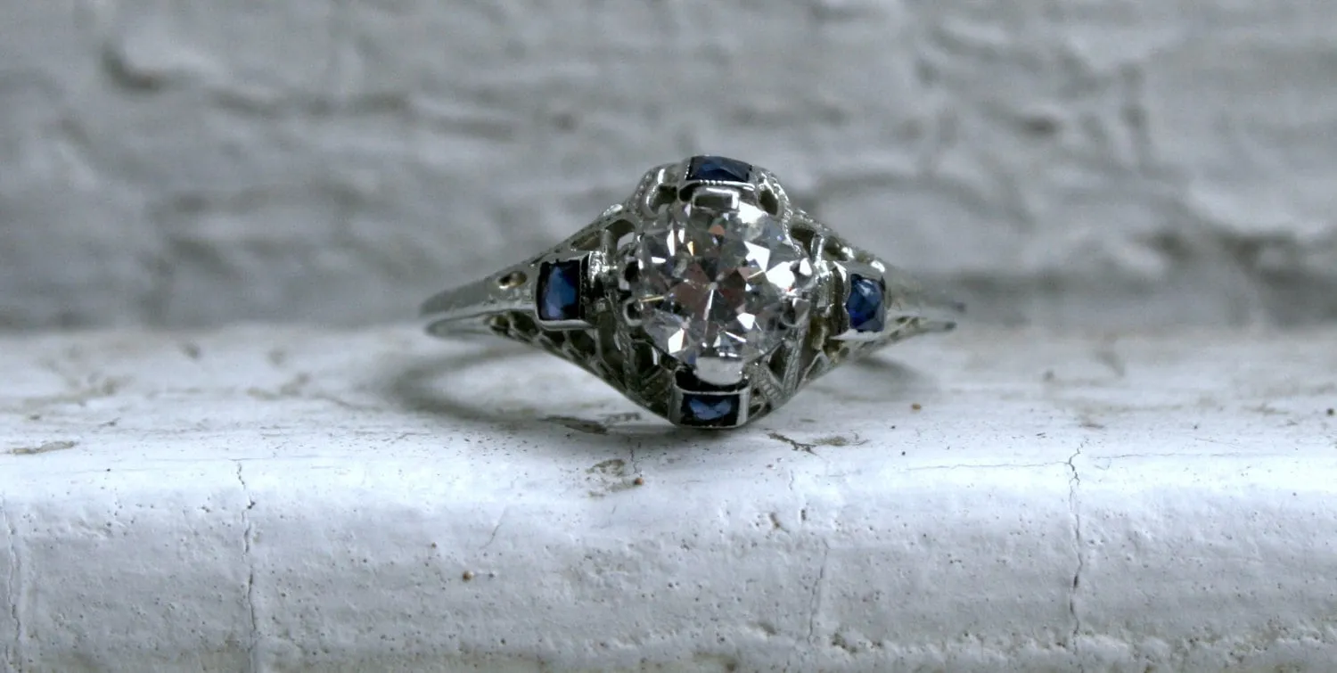 Amazing Vintage Filigree 18K White Gold Diamond and Sapphire Engagement Ring - 0.94ct.