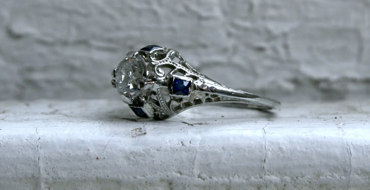 Amazing Vintage Filigree 18K White Gold Diamond and Sapphire Engagement Ring - 0.94ct.