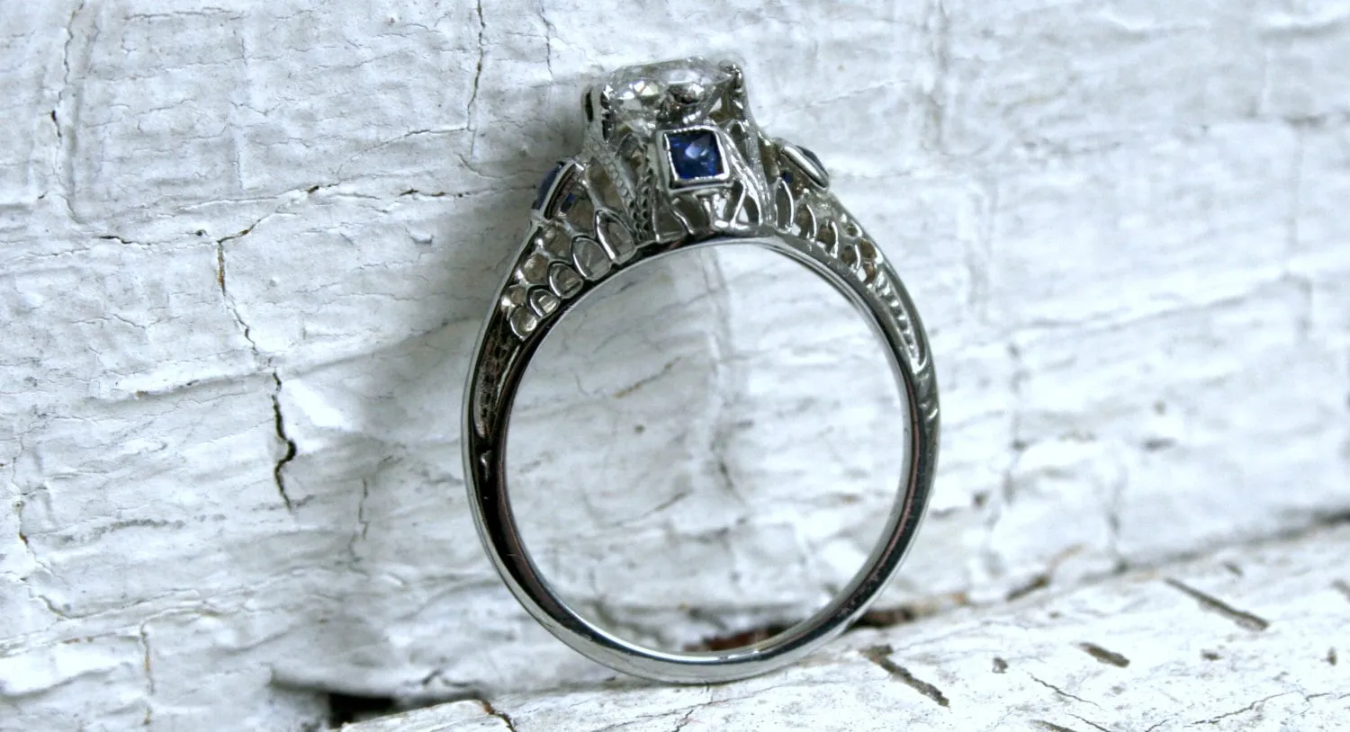 Amazing Vintage Filigree 18K White Gold Diamond and Sapphire Engagement Ring - 0.94ct.
