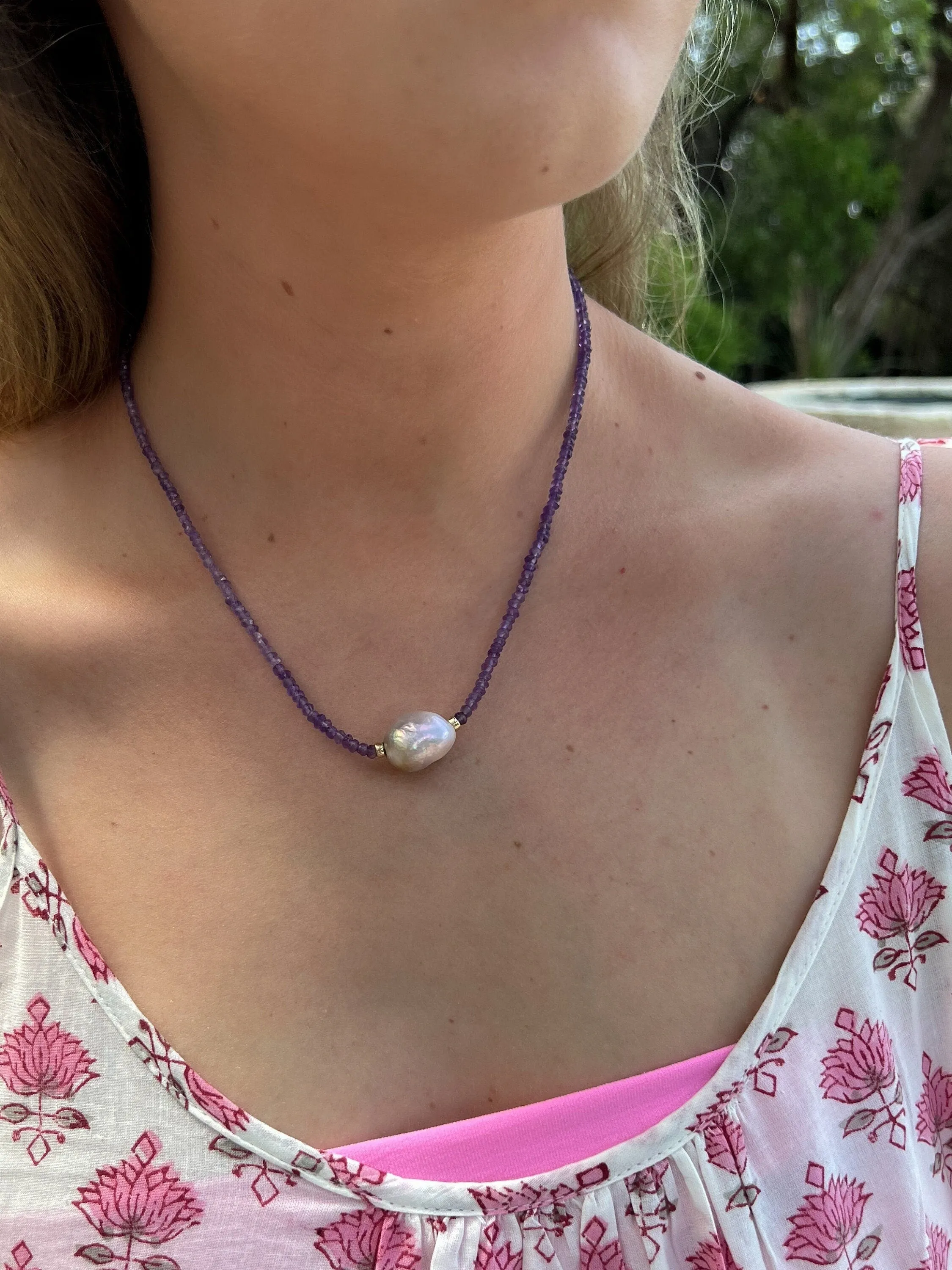 Amethyst Necklace with Baroque Pearl