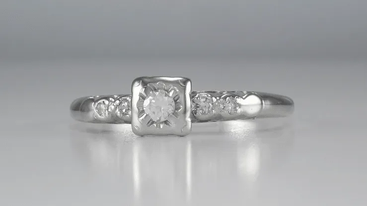 Anabel 1950's Vintage Mid Century Modern Square Halo Engagement Ring in 14 Karat White Gold