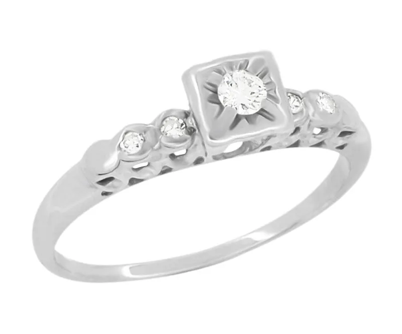 Anabel 1950's Vintage Mid Century Modern Square Halo Engagement Ring in 14 Karat White Gold