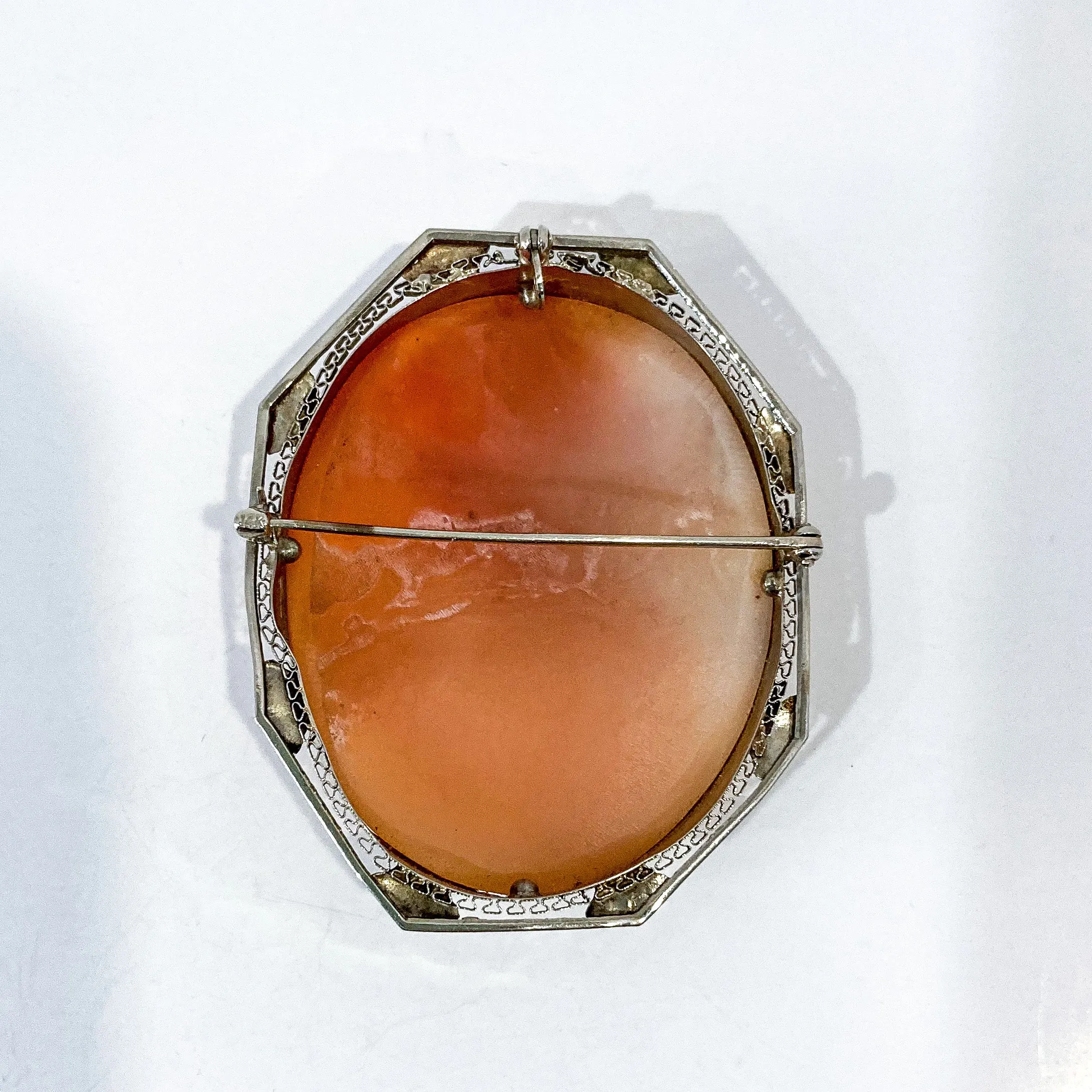 Antique 14K White Gold Carved Pink Shell Grecian Cameo Brooch Pendant