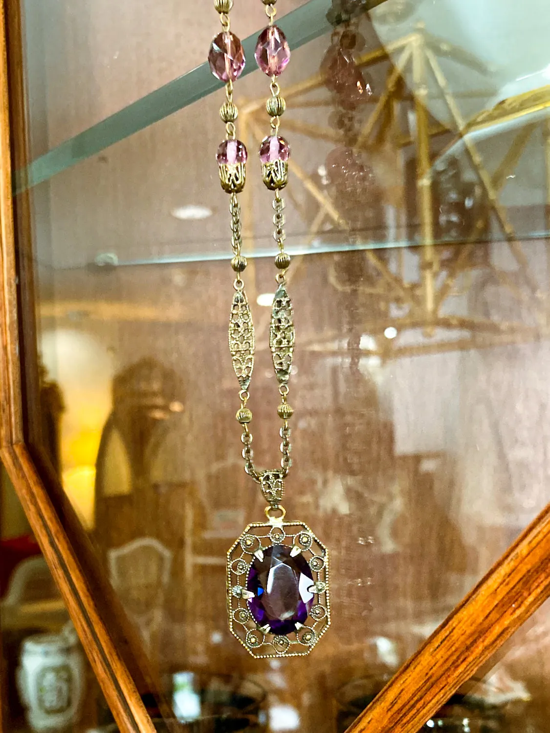 Antique Art Deco Purple Faux Amethyst Filigree Pendant Necklace