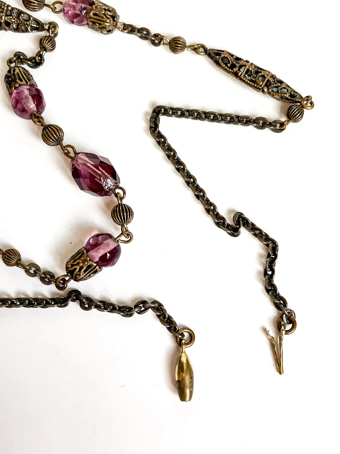 Antique Art Deco Purple Faux Amethyst Filigree Pendant Necklace