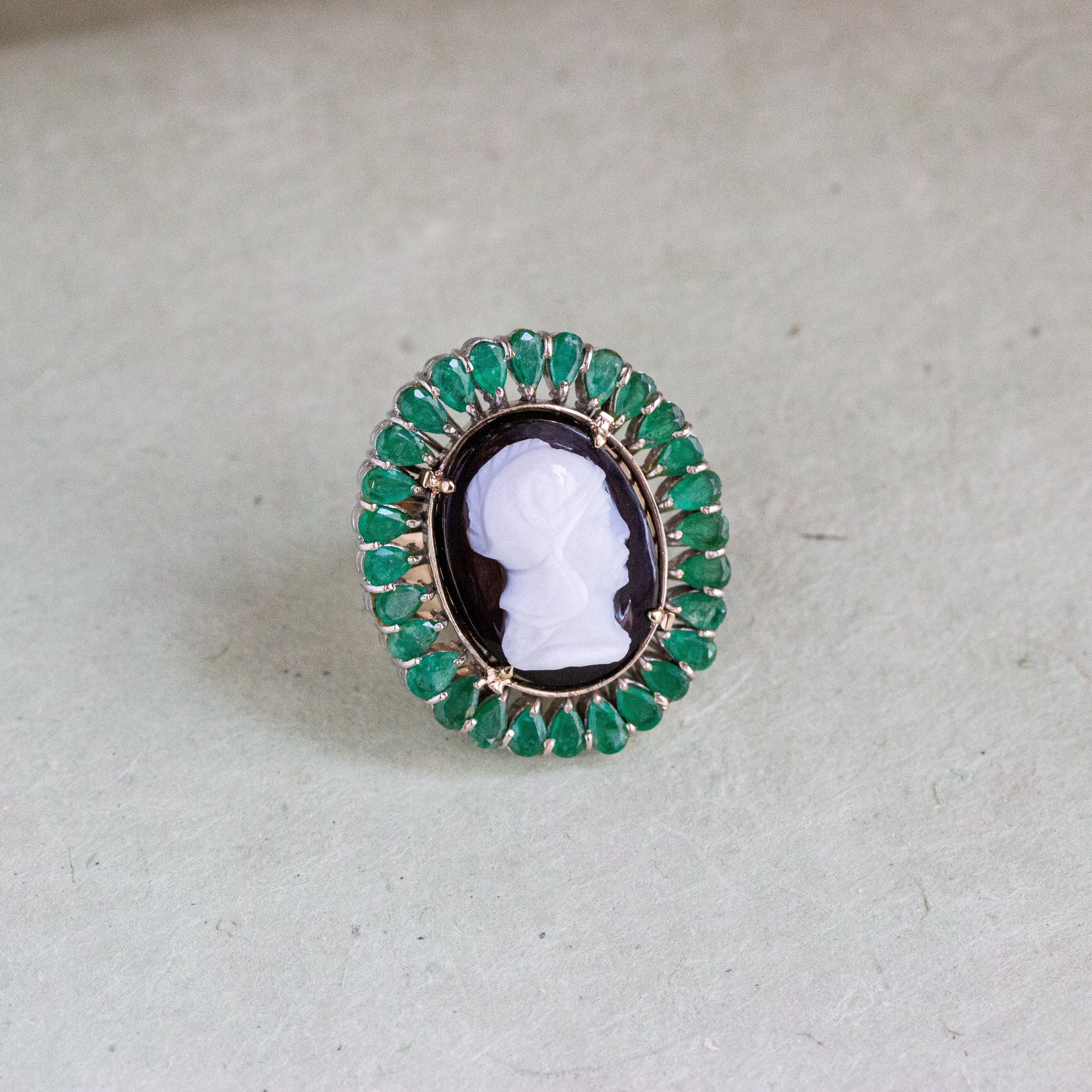 Antique Cameo with Emerald Surround Ring, 15k