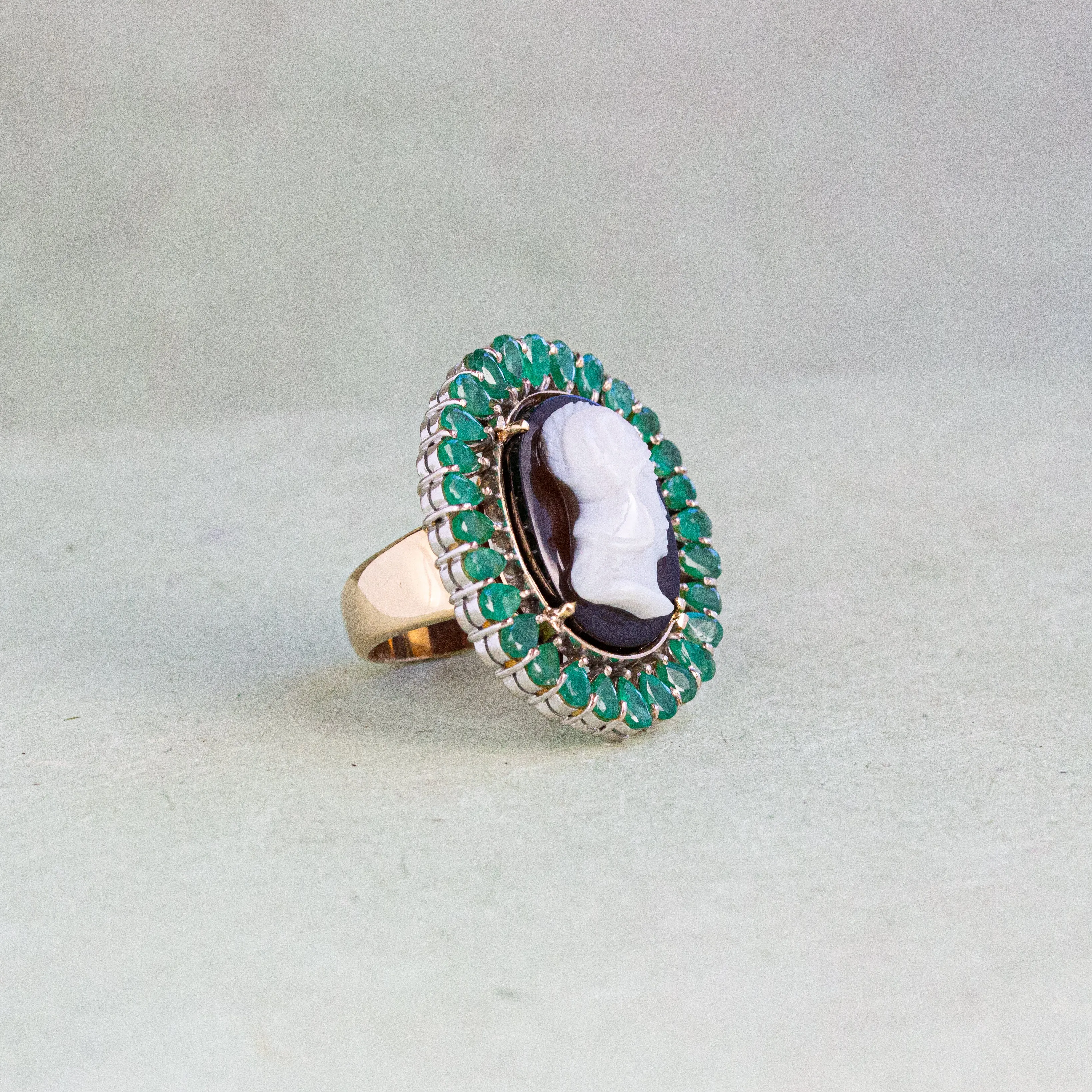 Antique Cameo with Emerald Surround Ring, 15k