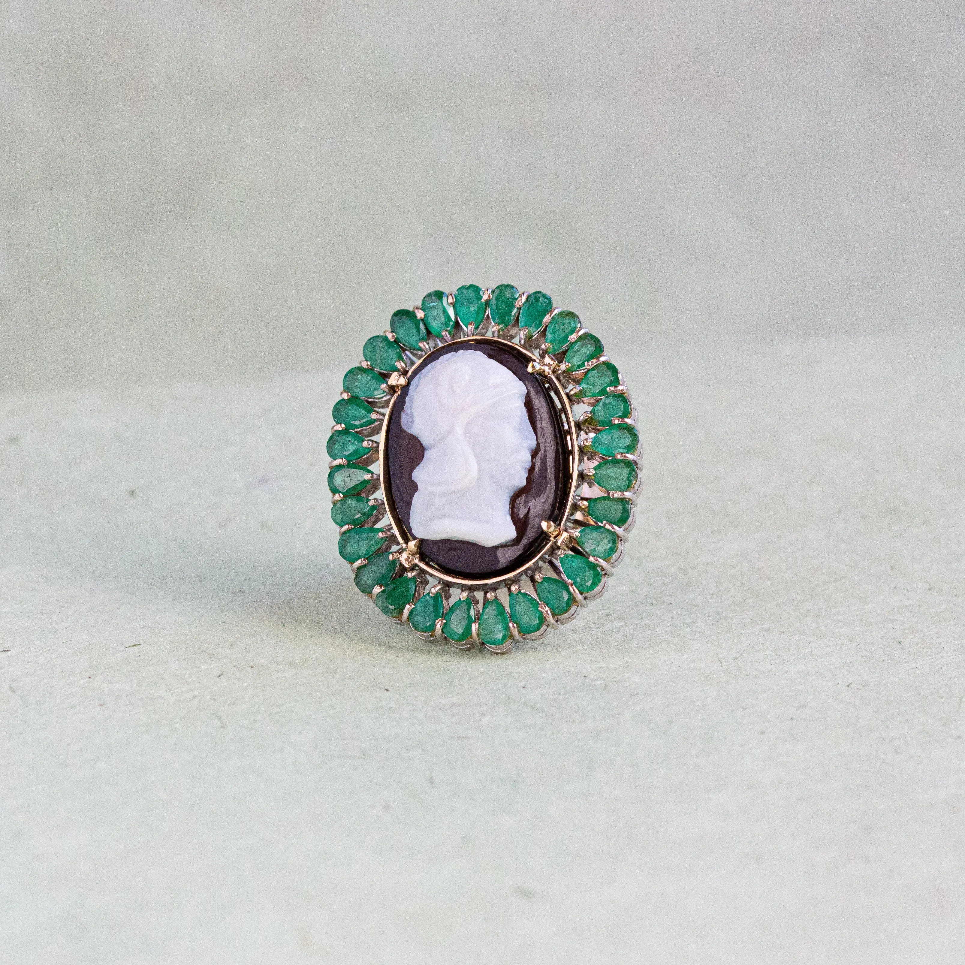 Antique Cameo with Emerald Surround Ring, 15k