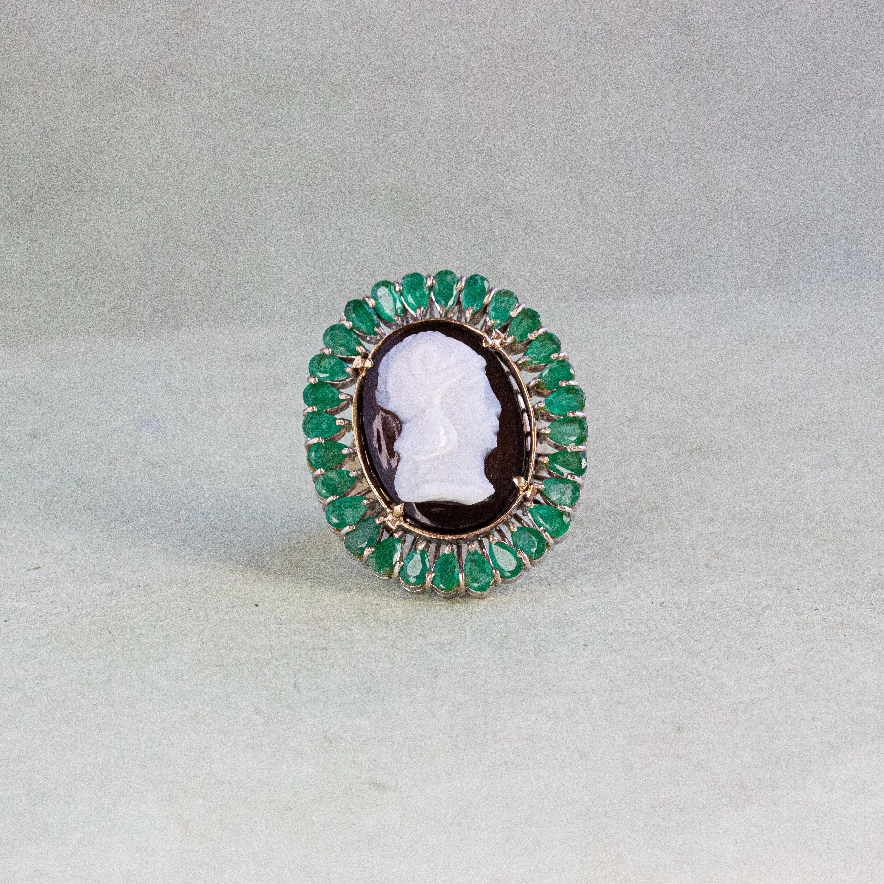 Antique Cameo with Emerald Surround Ring, 15k