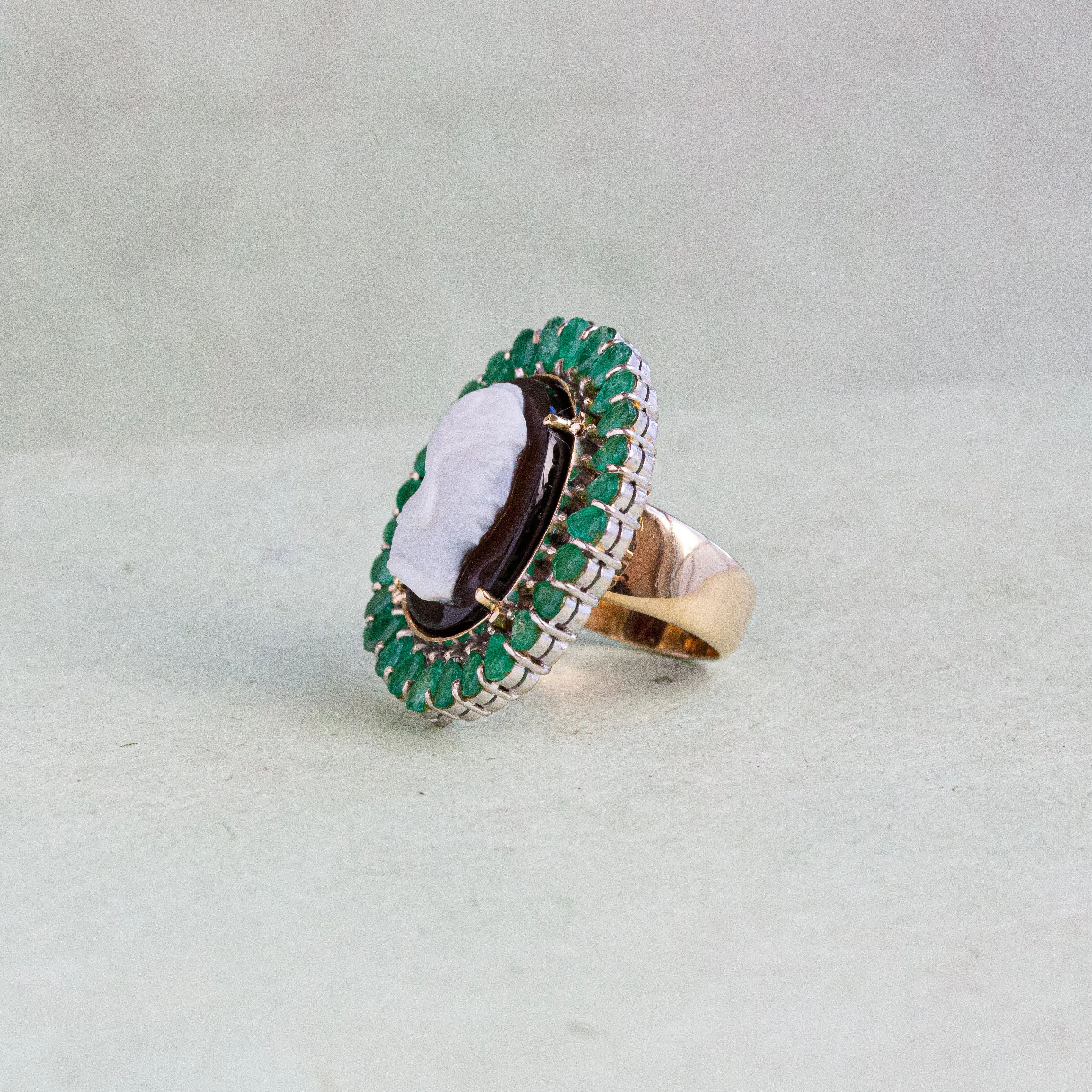 Antique Cameo with Emerald Surround Ring, 15k