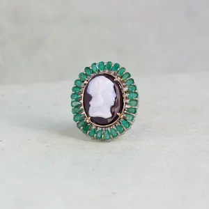 Antique Cameo with Emerald Surround Ring, 15k