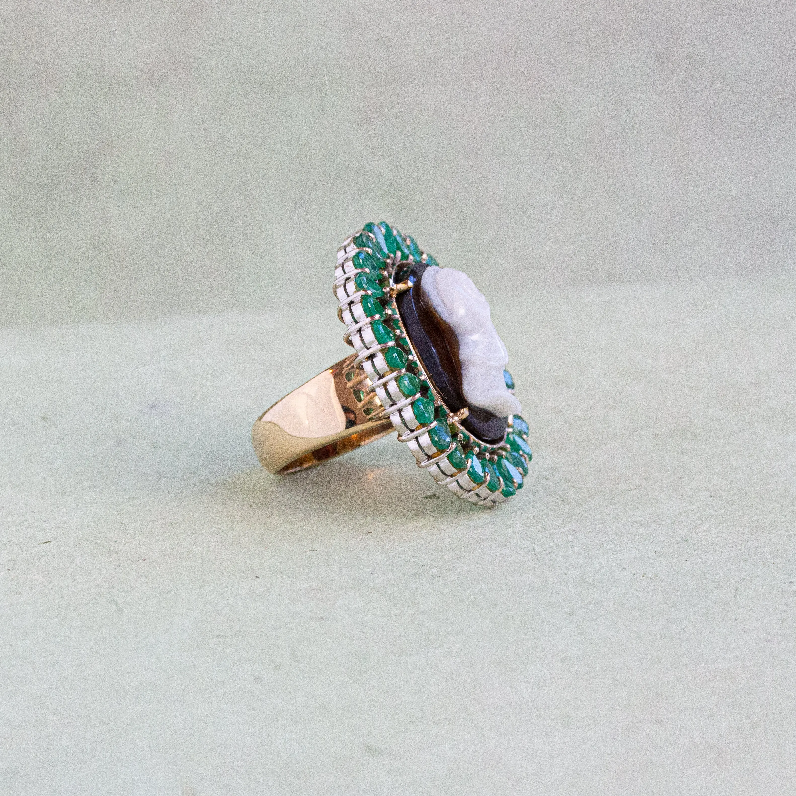 Antique Cameo with Emerald Surround Ring, 15k