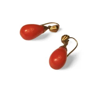 Antique Estate 18K Gold Carved Cameo Red Coral Undyed Drop Dangle Earrings