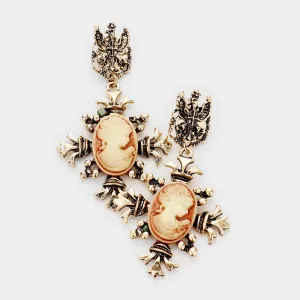 Antique Metal Cross Cameo Earrings