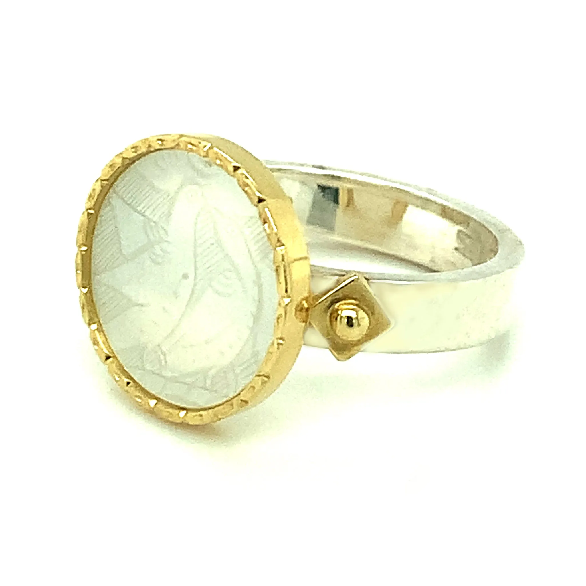 Antique Mother-of-Pearl Gaming Counter Gold & Silver Ring with Ceramic Bands