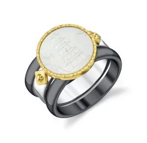Antique Mother-of-Pearl Gaming Counter Gold & Silver Ring with Ceramic Bands