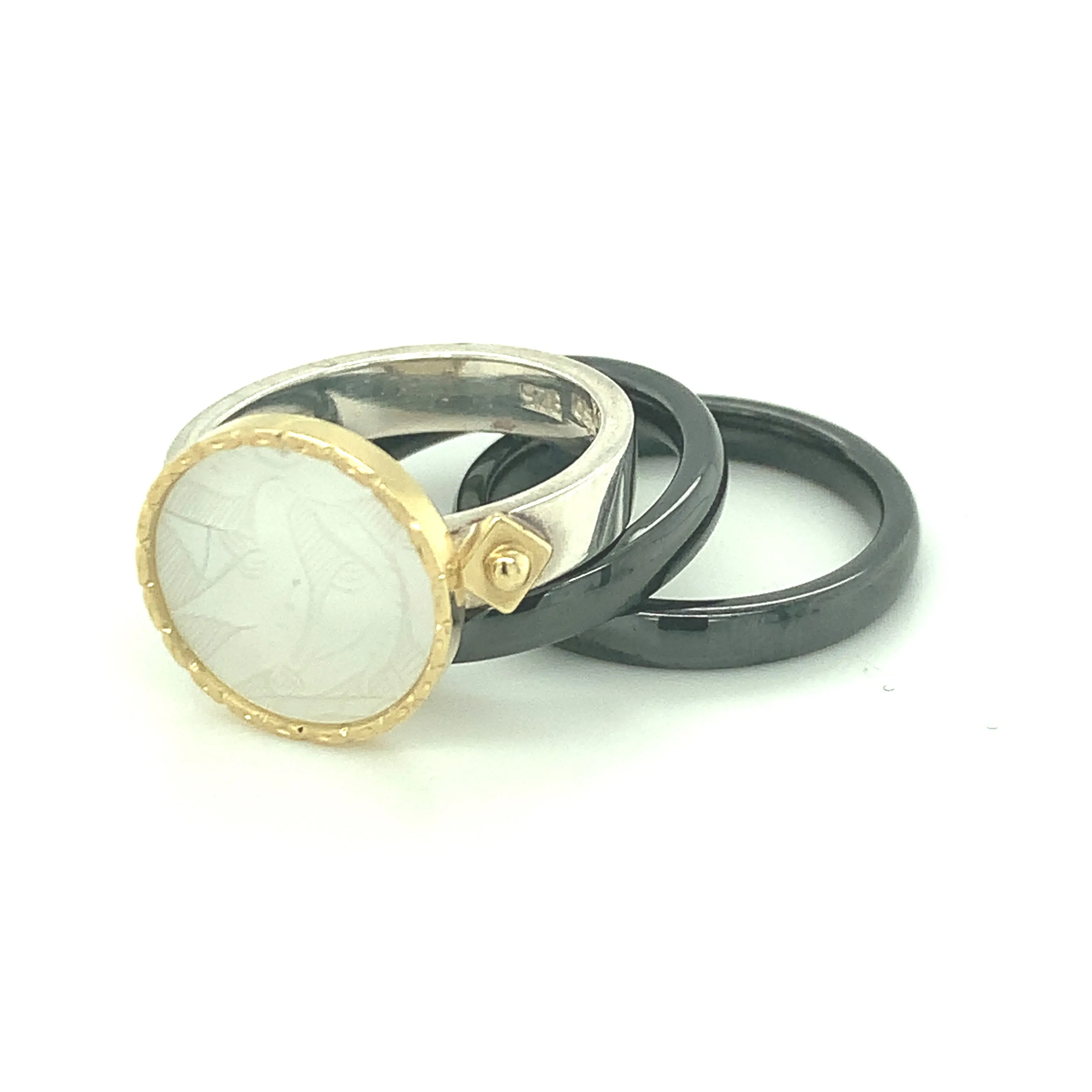 Antique Mother-of-Pearl Gaming Counter Gold & Silver Ring with Ceramic Bands