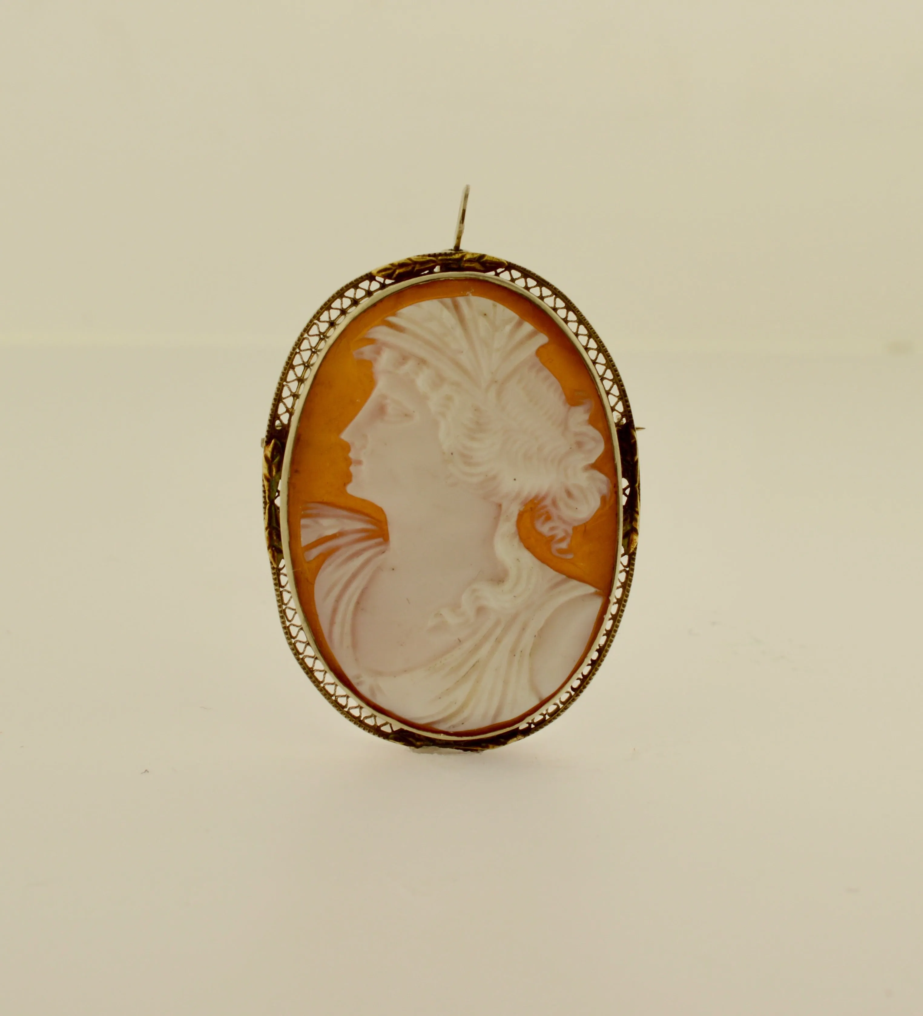 Antique Shell Cameo Two Tone Gold Brooch and Pendant