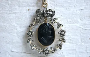 Antique Victorian 18K Yellow Gold Jet Cameo with Diamonds.