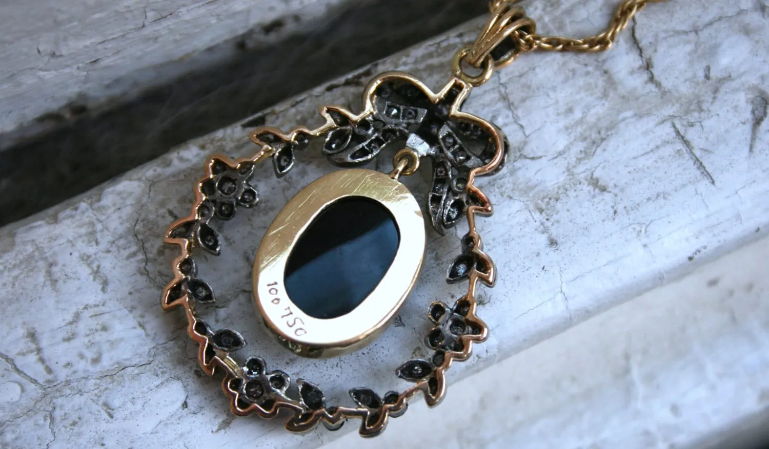Antique Victorian 18K Yellow Gold Jet Cameo with Diamonds.