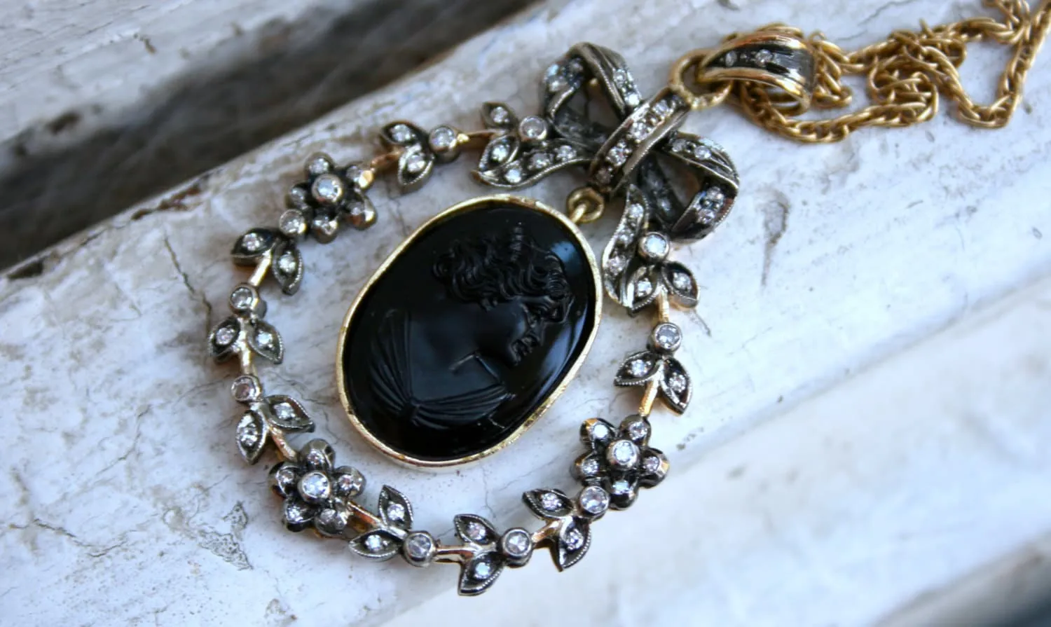 Antique Victorian 18K Yellow Gold Jet Cameo with Diamonds.