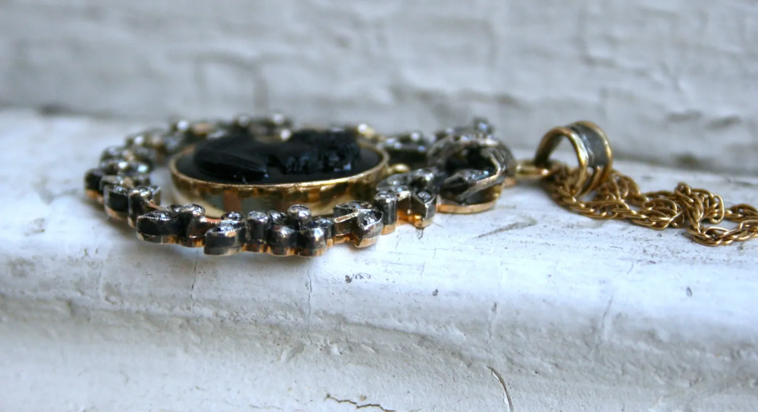 Antique Victorian 18K Yellow Gold Jet Cameo with Diamonds.