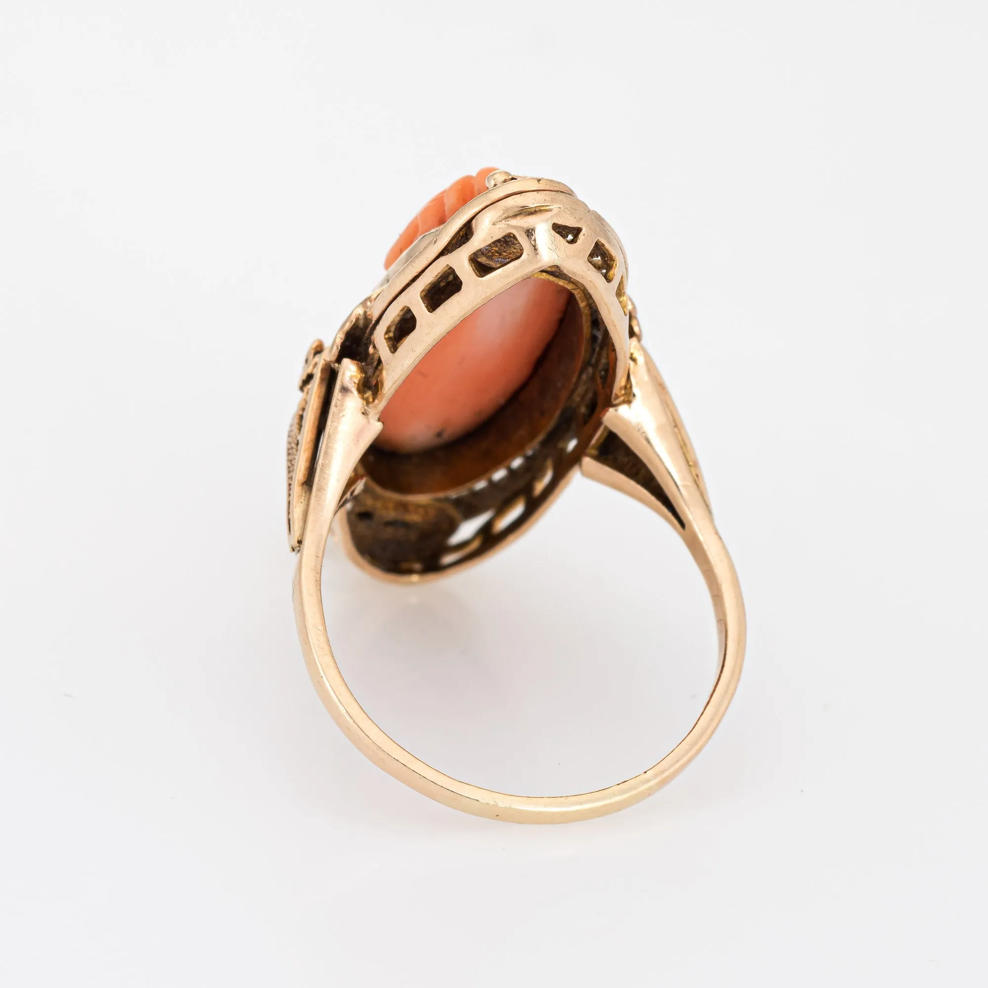 Antique Victorian Carved Cameo Ring 10k Yellow Gold Cannetille Jewelry Vintage