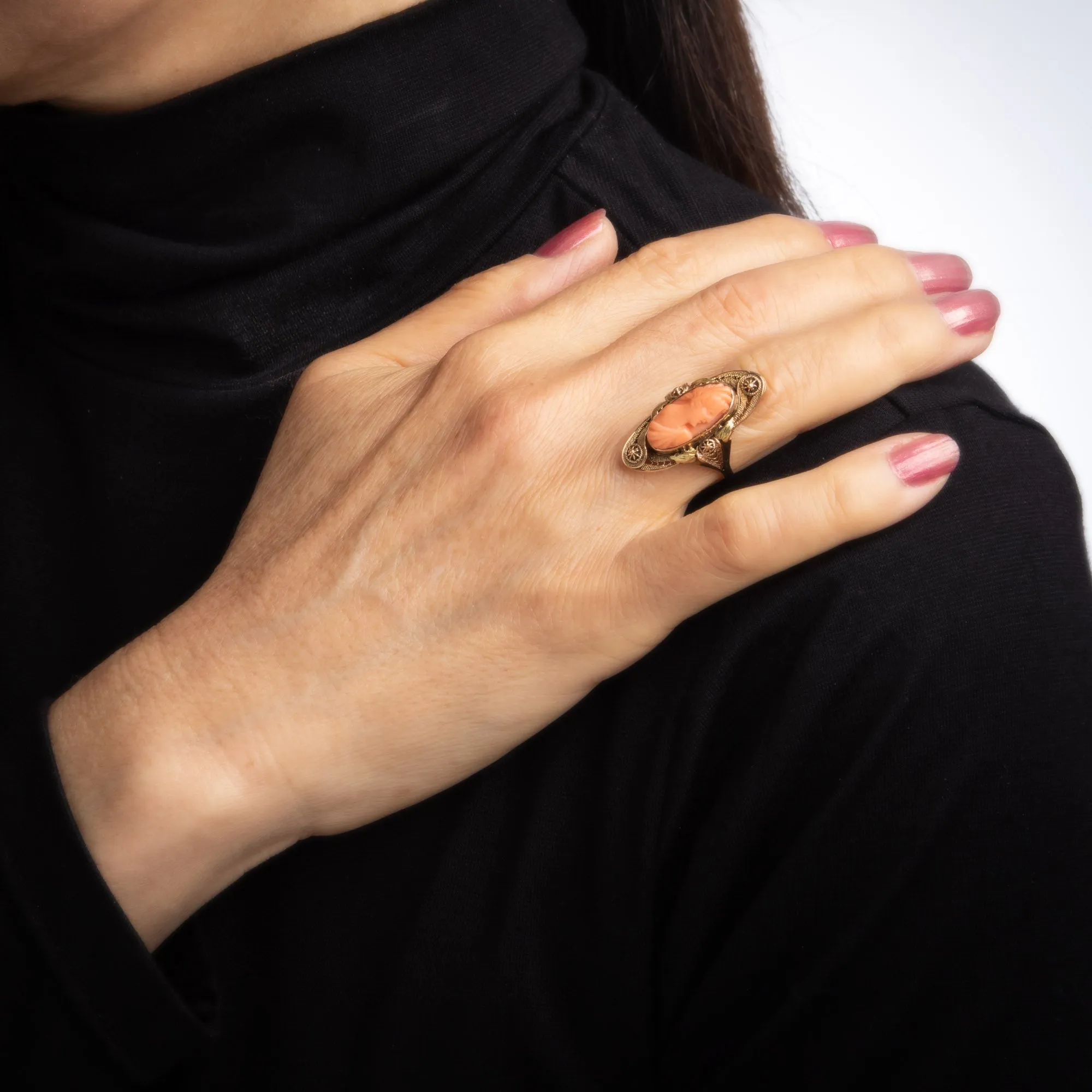 Antique Victorian Carved Cameo Ring 10k Yellow Gold Cannetille Jewelry Vintage