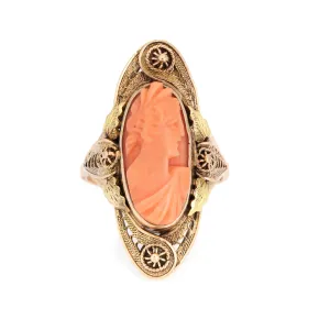 Antique Victorian Carved Cameo Ring 10k Yellow Gold Cannetille Jewelry Vintage