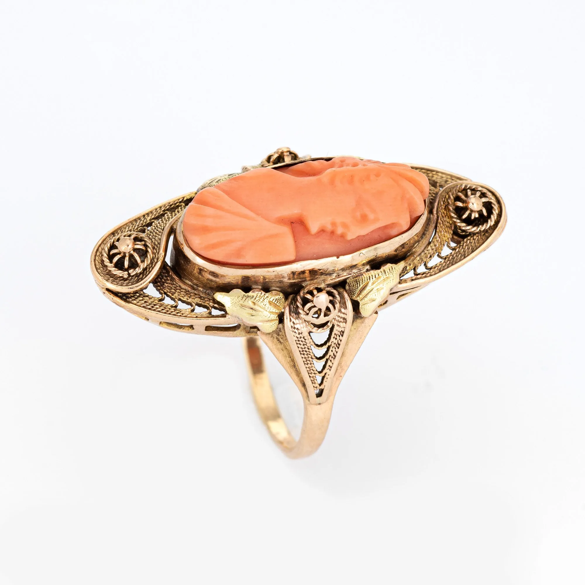 Antique Victorian Carved Cameo Ring 10k Yellow Gold Cannetille Jewelry Vintage