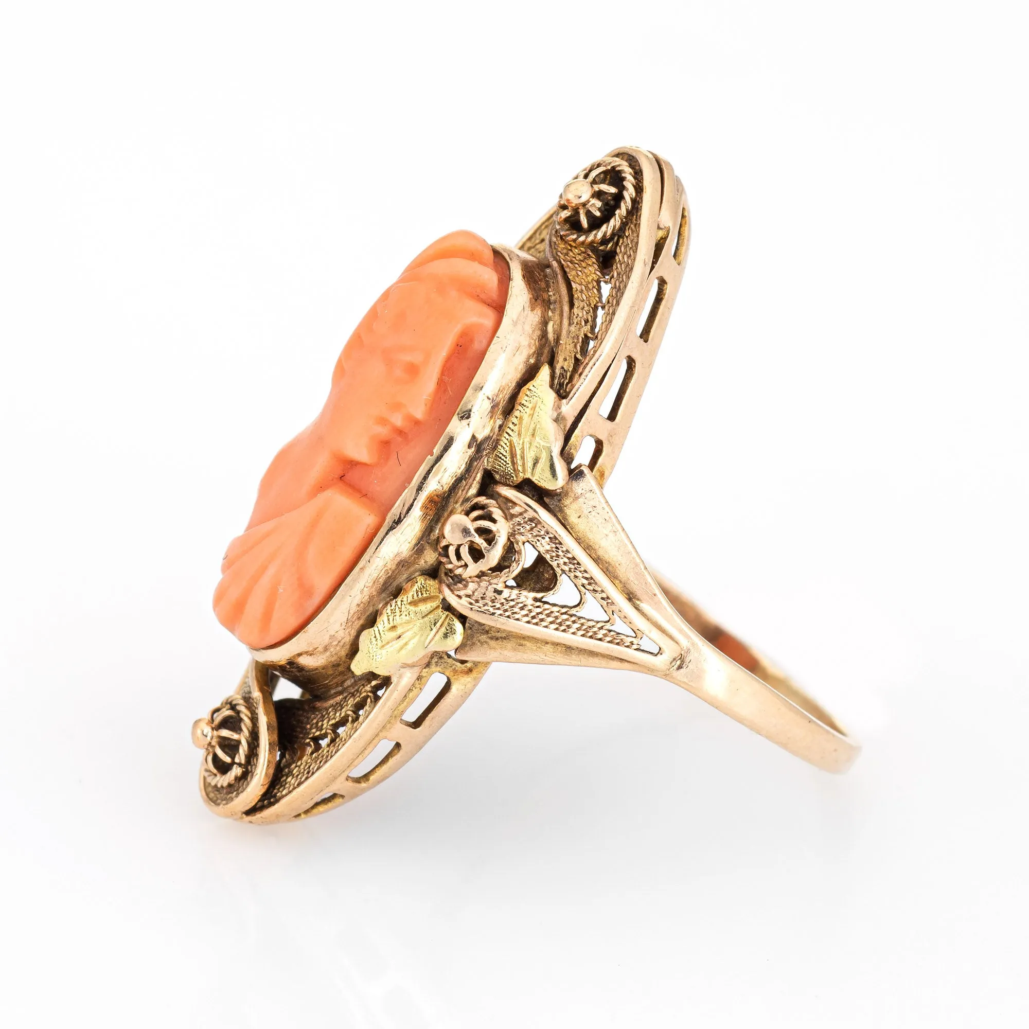 Antique Victorian Carved Cameo Ring 10k Yellow Gold Cannetille Jewelry Vintage